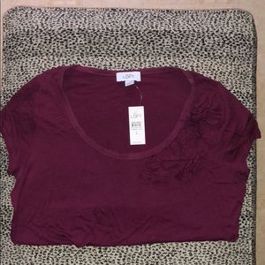 LOFT Wine Color Tee w/ Floral Accents; NWT; Size L